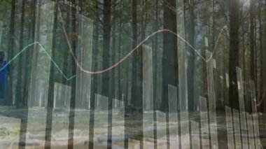 Arka planda koşan erkek sporcunun veri işleme ve istatistik kaydının animasyonu. Küresel spor ve teknoloji istatistikleri veri işleme kavramı dijital bileşimi.