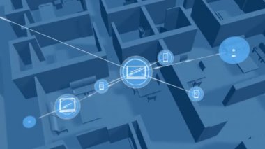 Akıllı telefon ve dizüstü bilgisayar simgeleriyle bağlantı ağının animasyonu, arka planda dönen 3D mimari modelli dijital veri işleme.