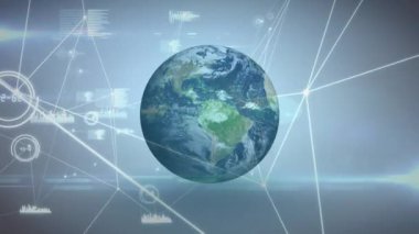 Gri arka planda dönen dünyanın etrafında dönen model uçaklar ile küresel bağlantı ağının ve hava trafik kontrol sisteminin animasyonu. 