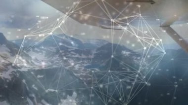 Küresel bağlantı ve veri işleme ağının animasyonu, uçak kokpitinden görülen hava görüntüsü ve arka planda pilotun dikiz görüntüsü. Küresel bağlantılar seyahat kavramı dijital kompozit.