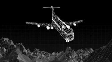 Siyah zemin üzerinde hareket eden, dönen dijital dağ şebekesi etrafında dönen beyaz hatlı 3D uçak modelinin animasyonu. Küresel bağlantılar seyahat mühendisliği konsepti dijital olarak oluşturulmuş görüntü.