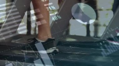 Veri işleme ve istatistik kaydının animasyonu. Arka plandaki spor salonunda koşu bandında koşan atletlerin bacaklarıyla..