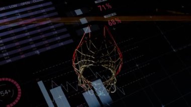 Veri işleme ve istatistik kaydının animasyonu. Arka plandaki bir maçta erkek basketbolcunun topu potaya atması..