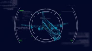 Mavi çizgili, yeşil çizgili ve koyu mavi arka planda taramalı 3D uçak modelinin animasyonu.