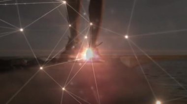 Bağlantılar ağının animasyonu, veri işleme ve istatistik kaydı erkek sporcunun bacaklarının koşması ve arka planda ayakkabı bağını bağlaması.