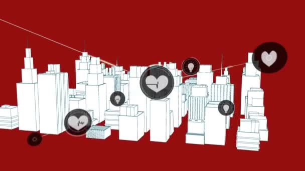 以办公大楼和摩天大楼为背景的现代城市3D建筑模型的心脏节拍和位置图标连接网络动画 数字数据处理 — 图库视频影像