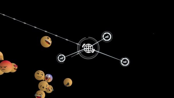 Dünya Istatistik Simgeleri Ile Bağlantı Ağının Animasyonu Yüzen Emoji Grubu — Stok video