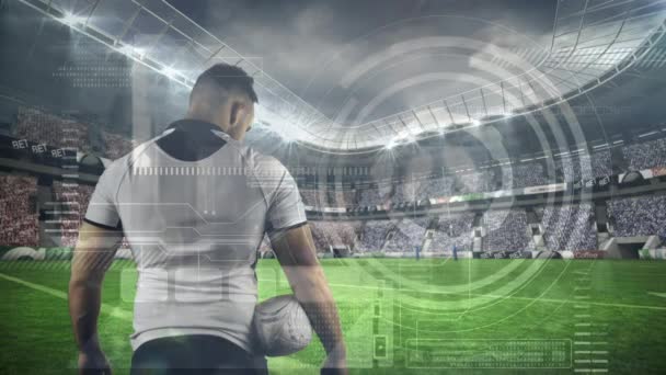 Animering Databehandling Och Statistik Inspelning Med Bakre Manliga Rugby Spelare — Stockvideo