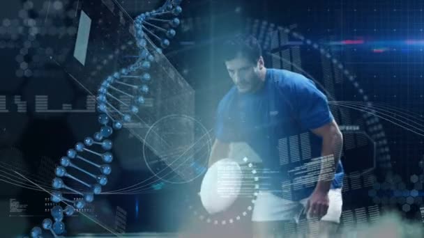 Animation Dna Strand Turning Data Processing Statistics Recording Male Rugby — Αρχείο Βίντεο