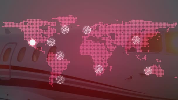 Animación Red Global Conexiones Procesamiento Datos Mapa Mundial Digital Rosa — Vídeo de stock