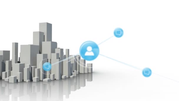 人々のアイコンとの接続のネットワークのアニメーション デジタルデータ処理 背景にオフィスビルや高層ビルと近代都市の3D建築モデル — ストック動画