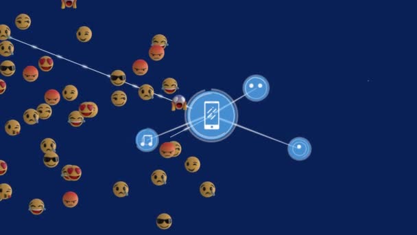 与音乐和智能手机图标连接的网络动画 数字数据处理 蓝色背景上的一组情感图标 — 图库视频影像