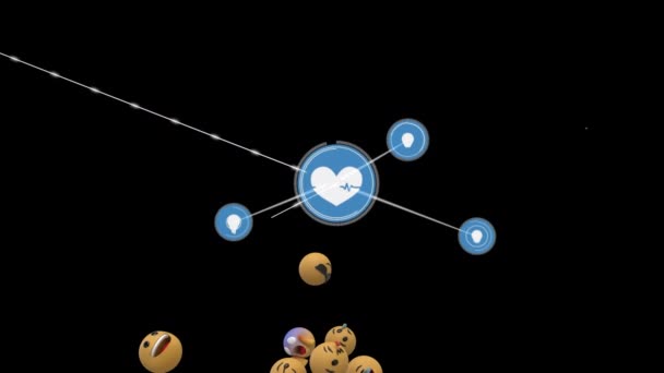Animation de réseau de connexions avec des icônes cardiaques, traitement de données numériques, groupe d'icônes emoji volant sur fond noir. Réseau numérique de connexions mondiales concept d'entreprise de réseautage social image générée numériquement .