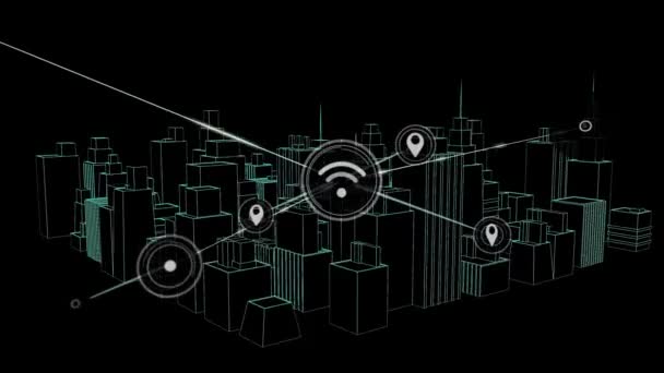 无线接收和定位图标连接网络的动画化 以现代城市3D建筑模型为背景的数字数据处理 以办公楼和摩天大楼为背景 — 图库视频影像