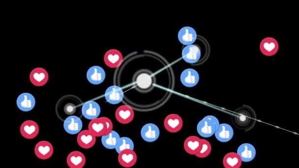 Animation Network Connections Icons Multiple Digital Heart Icons Flying Black — Stock Video