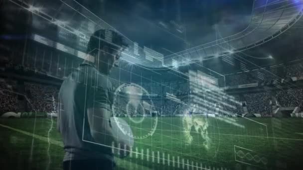 背景にあるスポーツ競技場でのラグビー試合前の男性ラグビー選手とのデータ処理と統計記録のアニメーション — ストック動画