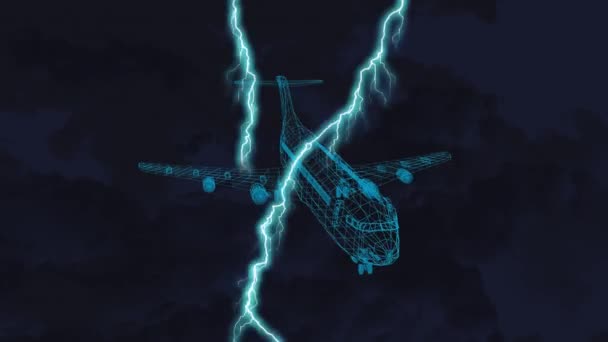 Animation Der Zeichnung Eines Flugzeugmodells Blauer Umrandung Mit Einschlagenden Blitzen — Stockvideo