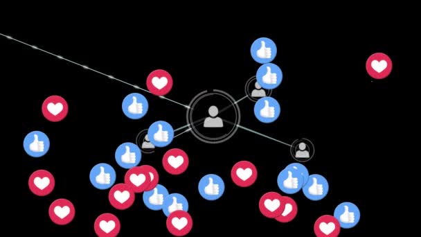 Animation Network Connections Icons Multiple Digital Heart Icons Flying Black — Stock Video