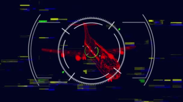 深蓝色背景下带有绿色标记的红轮廓旋翼飞机模型3D技术制图动画 — 图库视频影像