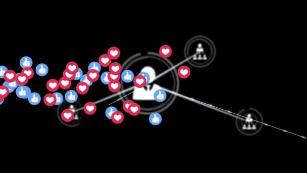 Animation de réseau de connexions avec des icônes, plusieurs cœurs numériques et comme des icônes volant sur fond noir. Réseau numérique de connexions mondiales concept d'entreprise de réseautage social image générée numériquement .
