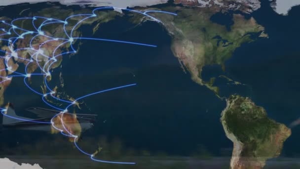 世界地図上での接続とデータ処理の世界的なネットワークのアニメーション背景に空港内の飛行機着陸と グローバル接続旅行コンセプトデジタル複合体 — ストック動画