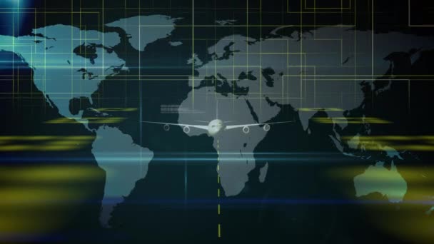 Animation du réseau mondial de connexions et de traitement des données du système de contrôle de la circulation aérienne, avec un modèle d'avion survolant la carte du monde sur fond sombre. Global connections concept de voyage image générée numériquement .