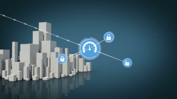 オンラインセキュリティアイコンとの接続のネットワークのアニメーション 背景にオフィスビルや高層ビルと近代都市の3D建築モデルとデジタルデータ処理 — ストック動画