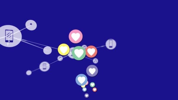 Animation de réseau de connexions avec smartphone et icônes musicales, plusieurs icônes cardiaques numériques volant sur fond bleu . 