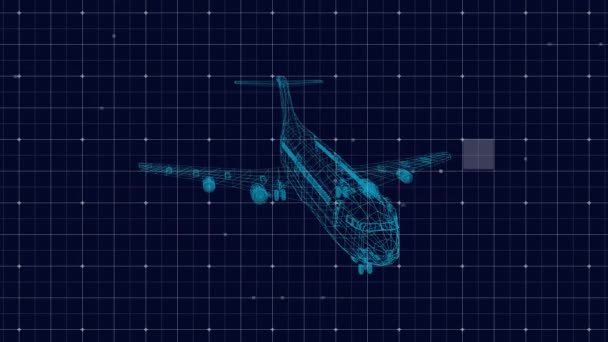 Animación Dibujo Técnico Del Modelo Avión Contorno Azul Girando Con — Vídeo de stock