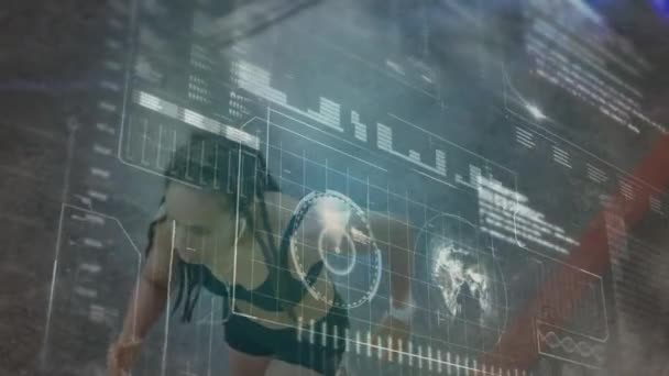 Animation du réseau de connexions, traitement des données et enregistrement des statistiques avec athlète féminine en arrière-plan . 