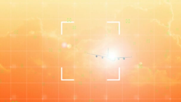 주황색 배경에 난기류가 지역을 비행하는 비행기를 스캔하고 추적하는 시스템의 애니메이션 — 비디오