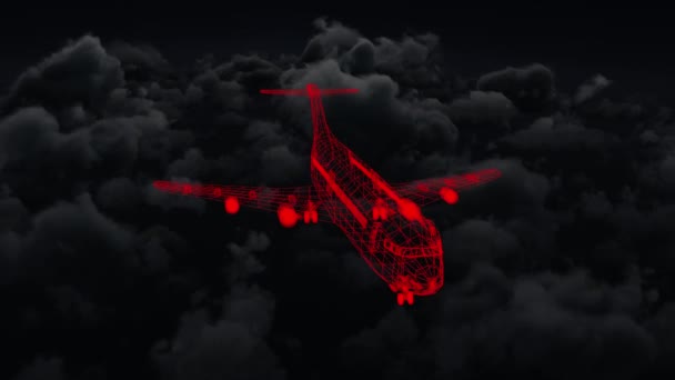 Animation Technical Drawing Model Aeroplane Red Glowing Outline Spinning Stormy — Stock Video