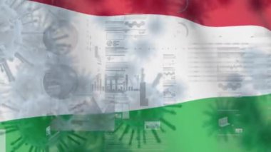 Grafikler, istatistikler ve arka planda dalgalanan Macar ulusal bayrağıyla birden fazla makro korona virüsünün animasyonu. 