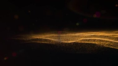 Işıldayan turuncu parçacıkların parıldayan kırmızı gezgin yıldızlarla birlikte hareket edişinin ve koyu mavi arka planda altın ağların animasyonu. Tekrarlama ve akan ışık dijital olarak oluşturulmuş görüntü