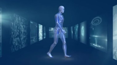 Manyetik rezonans görüntüleme ekranları ve arka planda dönen DNA iplikçiklerinin koridorunda yürüyen 3D mavi insan modeli. Küresel tıp bilimi ve araştırma ağı dijital olarak oluşturulmuş görüntü.