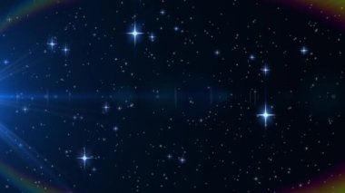 Evren animasyonu, çoklu mavi ışıklı noktalar, etrafta dolaşan bir yıldız ve siyah arkaplanda gökkuşağı renkli haleler. Dijital olarak oluşturulan ışık hareketi.