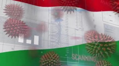 Grafikler, istatistikler ve arka planda dalgalanan Macar ulusal bayrağıyla birden fazla makro korona virüsünün animasyonu.
