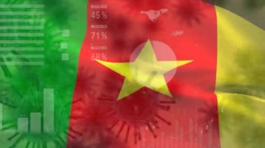 Grafikler, istatistikler ve arka planda dalgalanan Kamerun ulusal bayrağıyla birden fazla makro korona virüsünün animasyonu. 