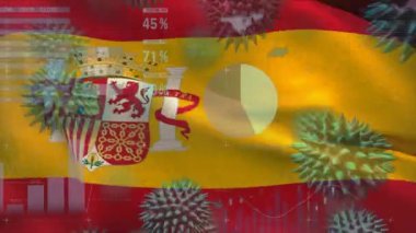 Arka planda dalgalanan grafikler, istatistikler ve İspanyol ulusal bayrağıyla birden fazla makro korona virüsünün animasyonu. 