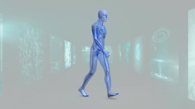 Manyetik rezonans görüntüleme ekranları ve arka planda dönen DNA iplikçiklerinin koridorunda yürüyen 3D mavi insan modeli. Küresel tıp bilimi ve araştırma ağı dijital olarak oluşturulmuş görüntü.