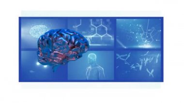 Manyetik rezonans görüntüleme ekranları ve arka planda dönen DNA iplikçiklerinin önünde dönen 3D parlayan mavi insan beyninin animasyonu. Küresel tıp bilimi ve araştırma ağı dijital olarak oluşturulmuş görüntü.