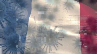 Arka planda dalgalanan grafikler, istatistikler ve Fransız ulusal bayrağıyla birden fazla makro korona virüsünün animasyonu. 