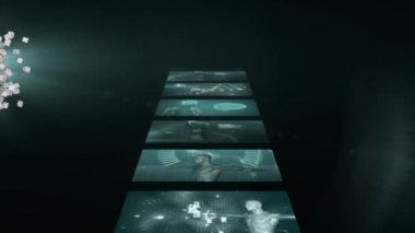 Manyetik rezonans görüntüleme ekranları ve arka planda dönen DNA iplikçikleri önünde birden fazla parçacıktan çıkan 3D gri insan büstü animasyonu. Küresel tıp bilimi ve araştırma ağı dijital olarak oluşturulmuş görüntü.