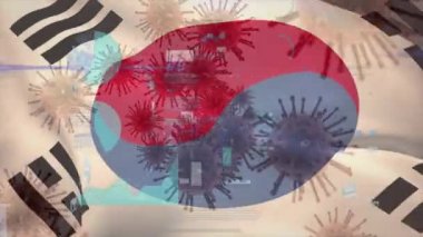 Grafikler, istatistikler ve arka planda dalgalanan Güney Kore ulusal bayrağıyla birden fazla makro korona virüsünün animasyonu. 