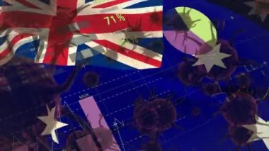 Grafikler ve istatistikler ile yayılan çoklu makro korona virüsünün animasyonu ve arka planda dalgalanan Avustralya ulusal bayrağı. 