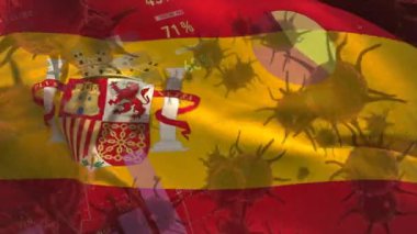 Arka planda dalgalanan grafikler, istatistikler ve İspanyol ulusal bayrağı ile birden fazla makro korona virüsünün animasyonu. Küresel sağlık uyarısı enfeksiyon konseptini dijital olarak oluşturan görüntü yayıyor.