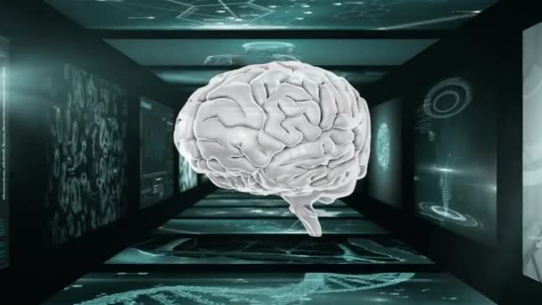 Анимация Трехмерного Серого Человеческого Мозга Вращающегося Комнате Магнитно Резонансными Экранами — стоковое видео