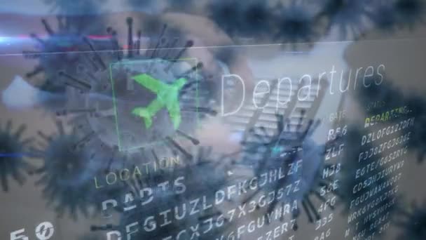 Анімація Декількох Вірусів Макрокорони Поширюються Плавають Цифровою Дошкою Дисплея Аеропорту — стокове відео