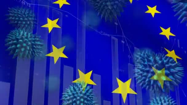 多个宏观日冕病毒的动画传播与图表和统计数据 以及欧盟旗帜在背后翻滚 全球健康警报恐吓传播感染概念数字化生成的图像 — 图库视频影像