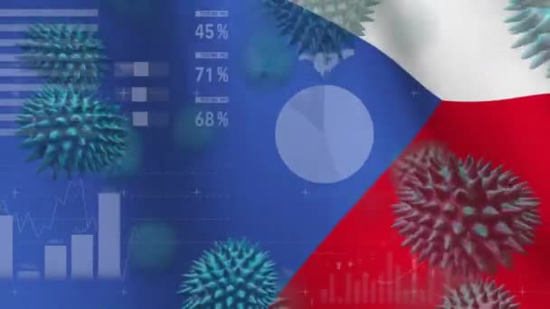背景にチャートや統計 チェコ共和国国旗が掲揚された複数のマクロコロナウイルスのアニメーション 感染症の概念をデジタルで生成された画像を広める世界的な健康警告恐怖 — ストック動画